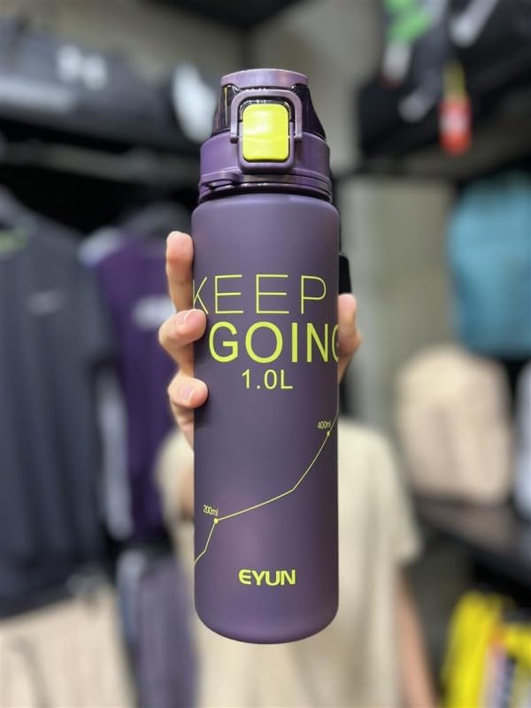 Image of Imported Keep Going Water Bottle,1 .0L Capacity, Flip Top Lid, Wide Spout, Motivational Design, Navy Blue,shock proof.
