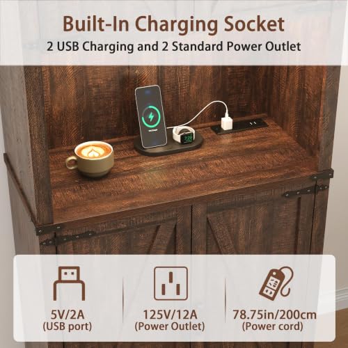 Image of 72 inch Tall Farmhouse Kitchen Pantry Cabinet with LED Light and Power Outlet,Modern Farmhouse Kitchen Storage Cabinet w Load-Bearing Steel Pipe,Barn Doors, Organizer,Food Pantry Cabinets(Rustic Brown)