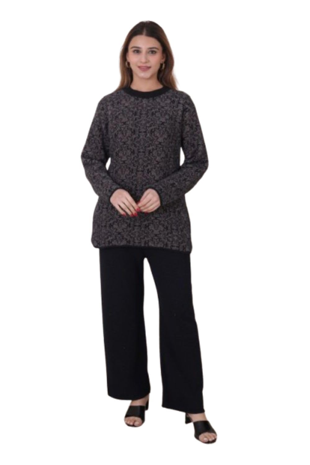 Premium Women's Winter Woolen Knitted Designer Cord Set, Black Textured Sweater with Pants, 2 Piece Outfit, Style #2526