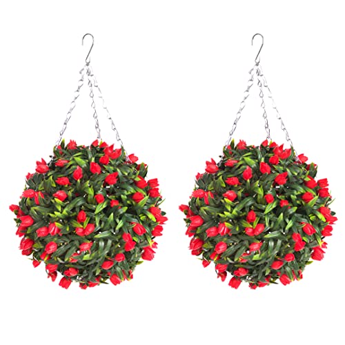 Pair of Best Artificial TULIP Flower Balls Lush Long Leaf Topiary Grass (28cm, Red)