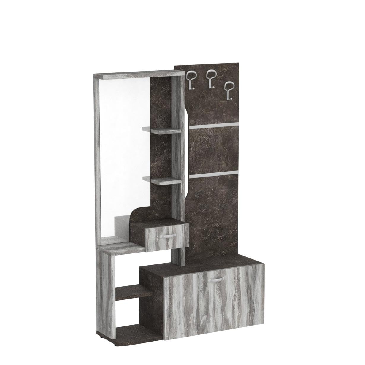 ARREDO DA CASA Mobile Entrata Con Specchio Led Ripiani Mensole Ganci Cassetto E Mobiletto Appendiabiti Con Cassapanca Rovere Grigio Ed Cemento Effetto Legno IU11