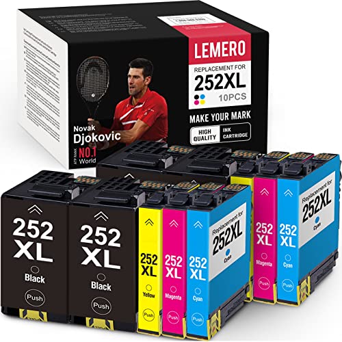 LEMERO Remanufactured Ink Cartridge Replacement for Epson 252XL 252 for Workforce WF-7720 WF-3640 WF-3620 WF-7710 WF-7620 WF-7610 Printer (4 Black 2 Cyan 2 Magenta 2 Yellow, 10 Pack)