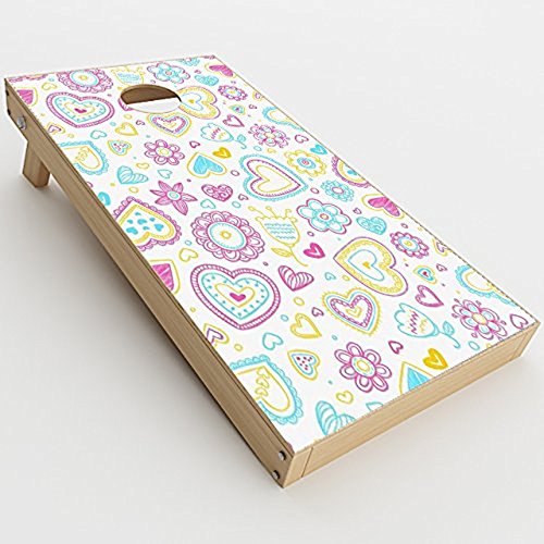 Skin Decals Vinyl Wrap for Cornhole Game Board Bag Toss (2xpcs.) / Hearts Doodles Shape Design
