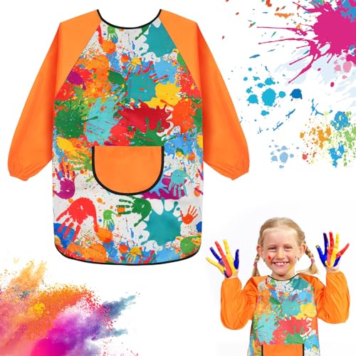 Ainiv Malschürze Kinder Bunte Wasserdicht Malkittel Einstellbar Bastelschürze Lange Ärmel mit Taschen für 6-12 Jahre Mädchen Junge Bastelschürze für Schule Kunst Malerei Backen Kochen