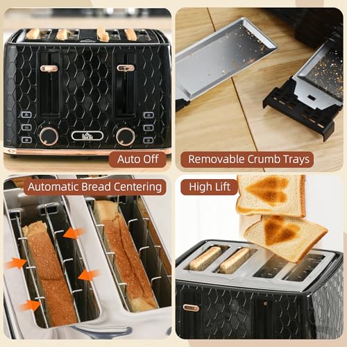 HOMCOM 4 Slice Toaster with 7 Browning Levels, High Lift, Reheat/Defrost/Cancel, Self-centring Function, Removable Crumb Tray, Auto Off, 1600W, Black Honeycomb Texture - Image 7