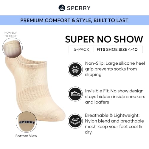 Sperry Women’s 5-Pack Super No Show Socks – Breathable Mesh, Lightweight, Non-Slip Invisible Low Cut Liner Socks for Sneakers2