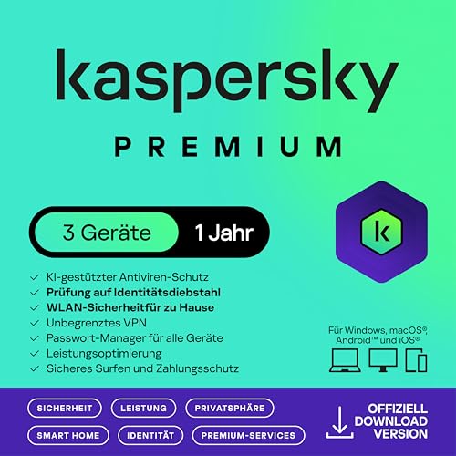 Kaspersky Premium Total Security 2025 | 3 Geräte | 1 Jahr | Anti-Phishing und Firewall | Unbegrenzter VPN | Passwort-Manager | Kindersicherung | 24/7 Unterstützung | PC/Mac/Mobile | Code per Email