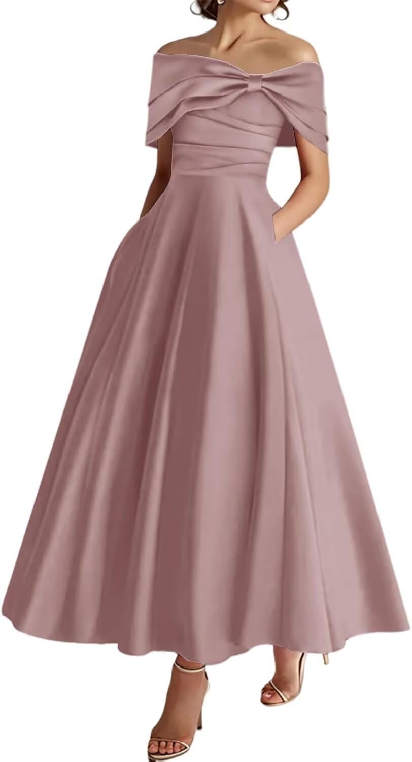 Yiann Women's Dusty Pink Tea Length Mother Of The Bride Dresses For With Pockets Satin Formal Dress Evening Gown Uk14