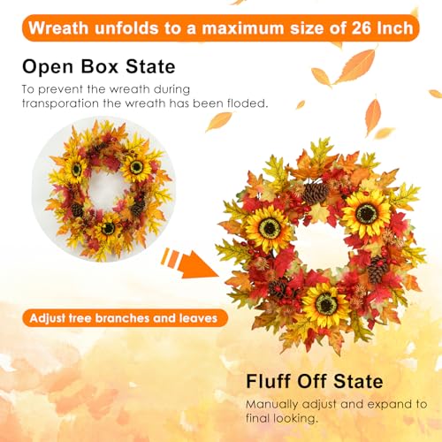 Wreaths Wish Fall Wreaths For Front Door 26’’ Artificial Autumn Wreath With Maple Leaves,Pine Cones,And Berries For Outside Indoor Wall Window Festival Thanksgiving Autumn Wreaths Decor thumb #3
