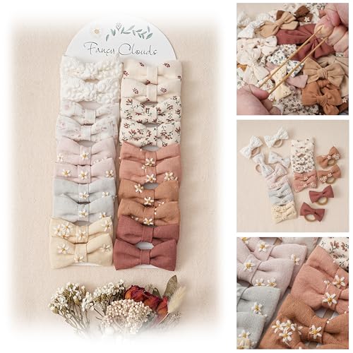 Image of Fancy Clouds Baby Toddler Little Girls Hair Ties with 2" Linen Bows, 20 pcs No Damage Elastic Nylon Ponytail Holders Scrunchies for girls, Small Hair Accessories for Kids Thick or Thin Hair