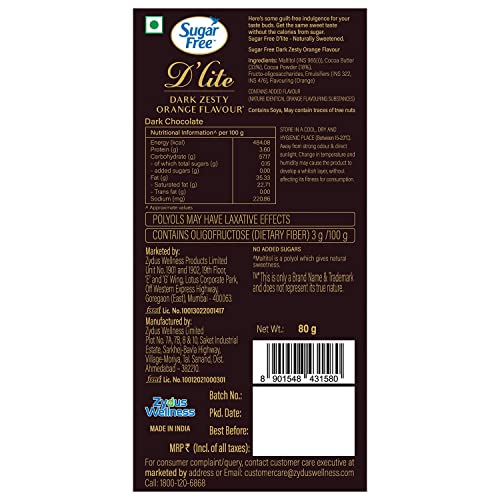 Image of Sugar Free D'lite Zesty Orange Flavour Dark Chocolate Bar, 80 grams (Pack of 8)