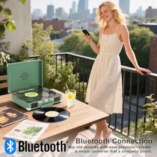 Image of Vinyl Record Player with Built-in Speakers Treble & Bass Gain Vintage Bluetooth Turntable 3-Speed Portable Suitcase LP Player AUX-in RCA Headphone Out, Forest Green