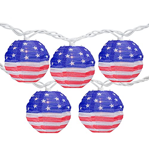 Northlight American Flag Paper Lantern Patriotic Patio Lights - 8.5' - White Wire - 10ct