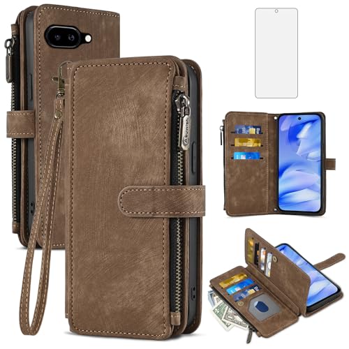 Coque Google Pixel 9a Portefeuille en Cuir Marron avec Protège Écran en Verre Trempé