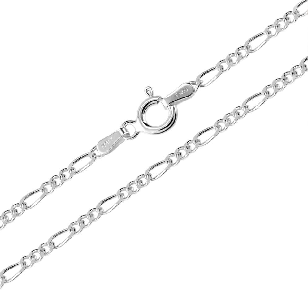 Treasure Bay Collar de cadena de plata de ley 925 Figaro de 2 mm para hombre y mujer, fabricado en Italia, corte de diamante, longitud del collar de 40 a 61 cm