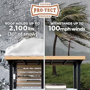 Backyard discovery fusion flame galvanized steel covered outdoor kitchen with 5 burner stainless steel grill pizza oven refrigerator countertop storage steel roof for all season outdoor cooking  urban country home decor