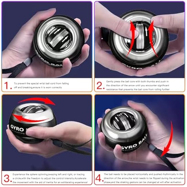 Auto-Start Gyro Ball Wrist Exerciser, Metal Torque Ball for Strengthening Arms, Fingers, & Wrists, 6-Level Color-Changing