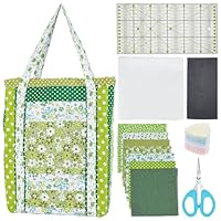 PLIGREAT DIY gesteppte Einkaufstasche Kit Grün Blumendruck Stoff Handgemachte Herstellung Shopper Tragetasche mit komplettem Zubehör Nähmuster Organizer Tasche für Quilt-Liebhaber