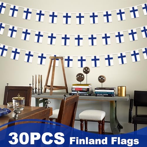 Image of Finland String Flag Pennant Banner, Small Mini Finnish Flags Bunting Banner, National Country Decoration for School, Party, Sports Events, Patriotic Festival, 33 Feet 30 Flags