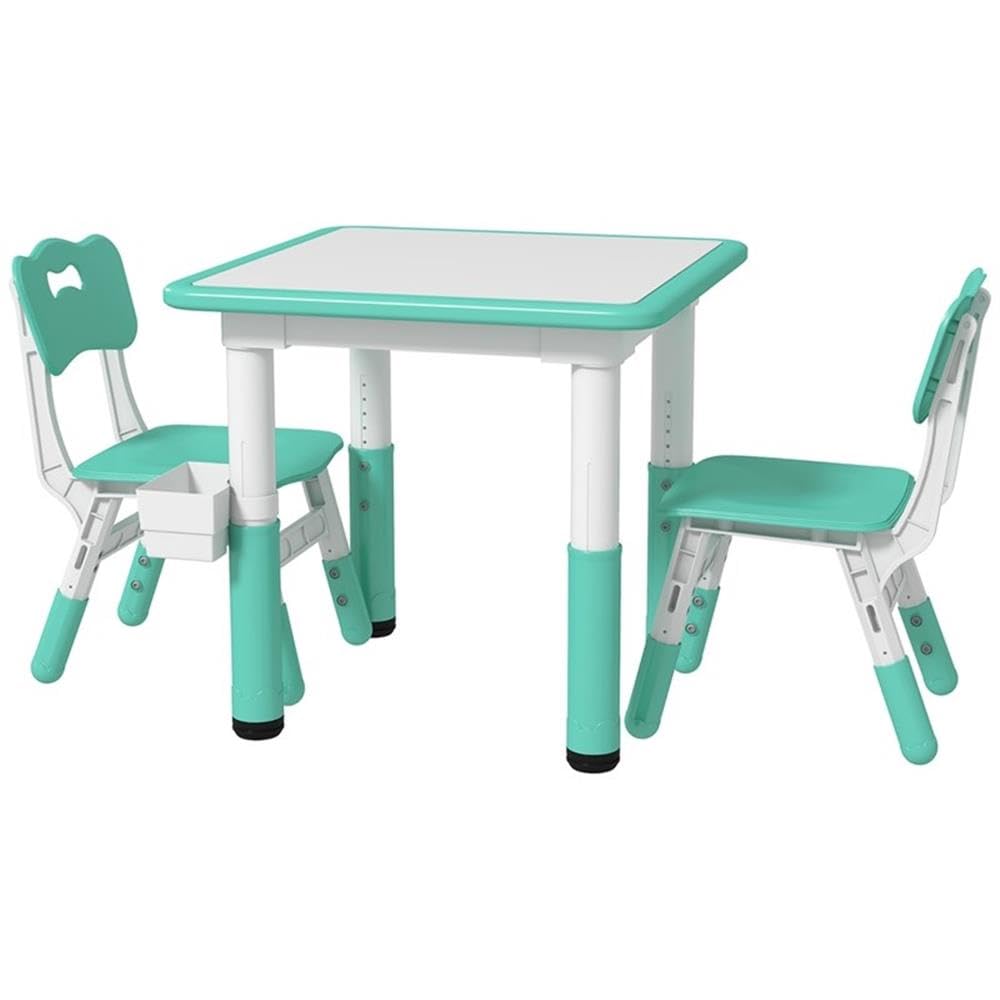 Pemberly Row Kids Activity Table and Chair Set, Adjustable Height, Green Plastic, 3-Piece Set, Ergonomic Design, Built-in Storage, Easy-to-Clean, Durable Playroom, Study Area or Classroom Furniture