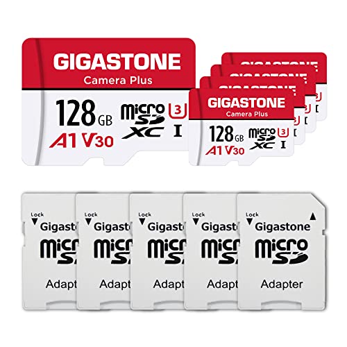 GIGASTONE Micro SD Card 128GB 5-Pack, Camera Plus, MicroSDHC Memory Card for GoPro Wyze Cam, Roku, Full HD Video Recording