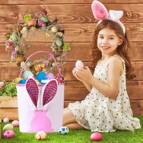 Image of Easter Bunny Baskets Empty with Lights, Large Easter Egg Hunt Baskets for Kids, Canvas Easter Basket Candy Tote Bags with Handles, Easter Decorations Party Supplies (Blue+Pink+Purple)