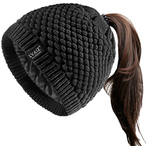 Lvaiz Hats Satin Lined Ponytail Beanie Knit Winter Hat for Women High Messy Bun Hat with Ponytail Hole Warm Skull Cap Women Black