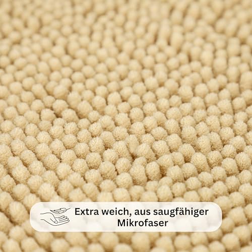 WohnDirect Badematte 45x45 cm Beige – Kleiner Badvorleger für Gäste-WC & Dusche – Weicher Hochflor Badezimmerteppich Quadratisch, Saugstark & Waschbar (Versand aus DE)