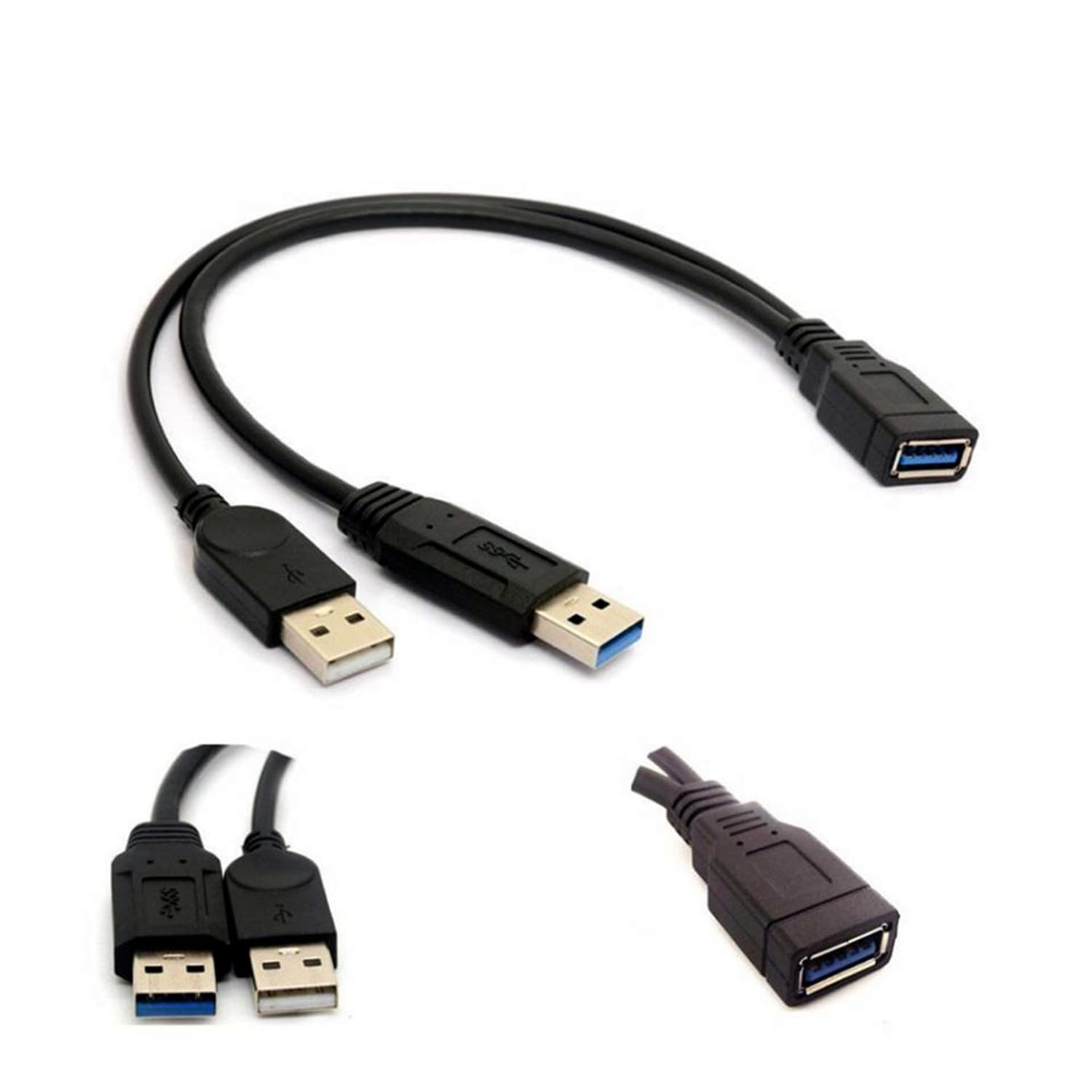 ALINNA Lot de 2 câbles d'extension USB 3.0 femelle vers double USB mâle pour disque dur mobile 2,5" Noir