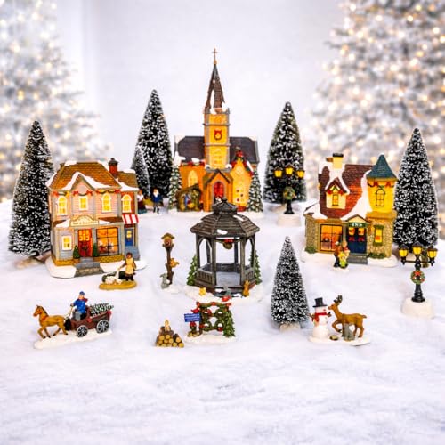 MOMENTS IN TIME 20-Piece Lighted Christmas Village Set with LED Lights Battery Operated Miniature Holiday Town Display Hand-Painted Christmas Houses, Figurines & Trees Gift-Ready Packaging