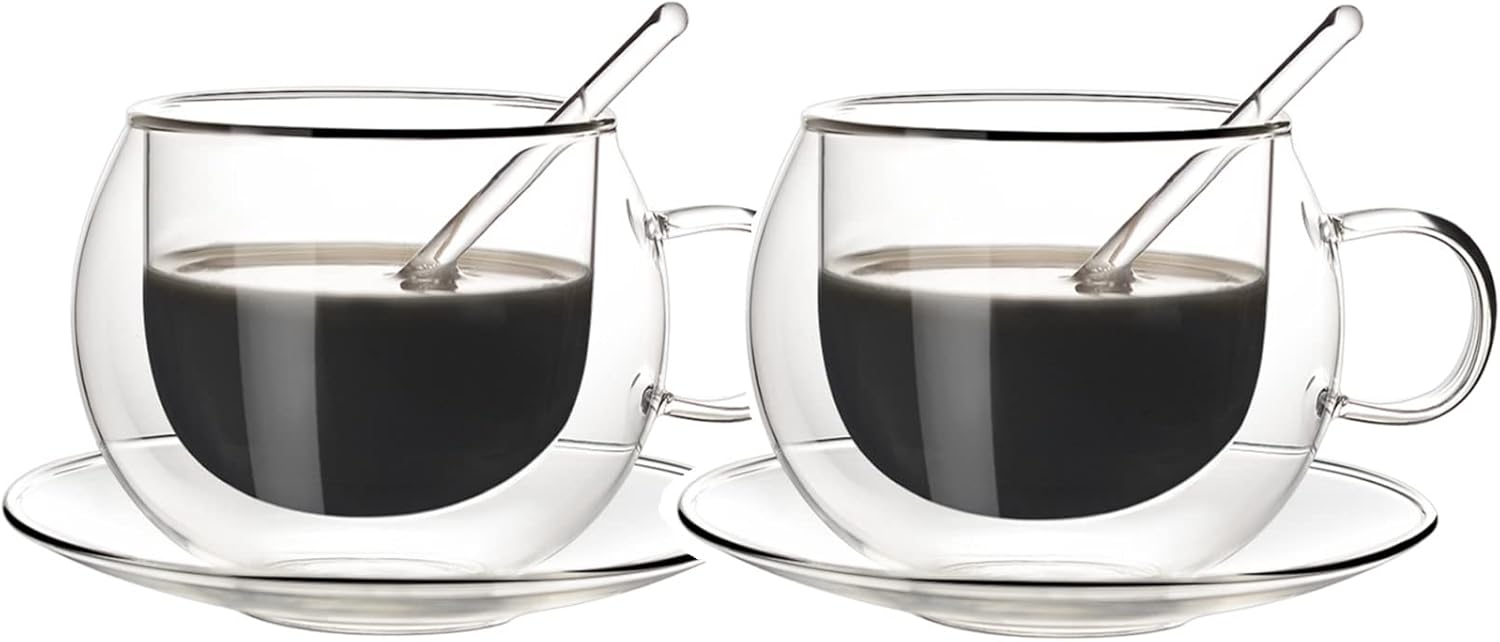 Asodomo Espresso Cups with Saucers and Spoons Set of 2, 250ml/8.5oz Double Wall Insulated Glass Cups Clear Coffee Mugs with Handle for Hot and Cold Tea Cappuccino Latte
