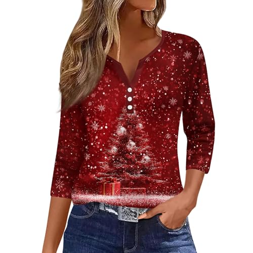 Image of Women Christmas Shirt 3 /4 Length Sleeve Henley Tops Xmas Outfits