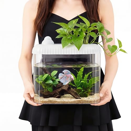 Geelin White 2 Gallon Plastic Aquaponic Betta Fish Tank Large Bowl Shatterproof Small Ecosystem Aquarium with Secure Buckle Lid Clear Clarity for Terrarium Flower Vase Betta Fish Tabletop Gifts