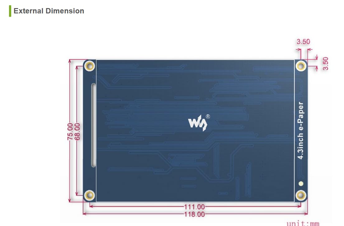 4,3" E-Ink moduł UART o rozdzielczości 800 x 600 pikseli z wbudowanymi bibliotekami czcionek, bardzo niskie zużycie energii, 4 wyświetlanie poziomu szarości