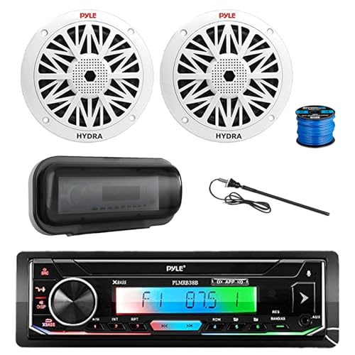 Pyle PLMRB38B Marine Single DIN USB Bluetooth AM/FM Stereo Receiver, Radio Cover, 2X 6.5 200 Watt Peak Full Range 2-Way Waterproof Audio Speakers w/Wire, Long Range Antenna