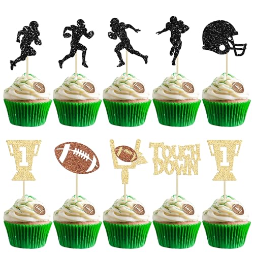 36Pcs Rugby Ball Cupcake Toppers Glitter Trophy American Football Cupcake Picks Touchdown Player Cake Decorations for Super Bowl Rugby Sports Theme Baby Shower Kids Birthday Party Supplies