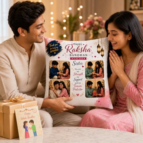 Image of Personalized Photo Pillow 12x12 Inch Cushion with Cover & Filler - Custom Gift for Birthday, Anniversary, Couple, Girlfriend, Boyfriend, Husband, Wife, Friends. (RakhiPilow-05)