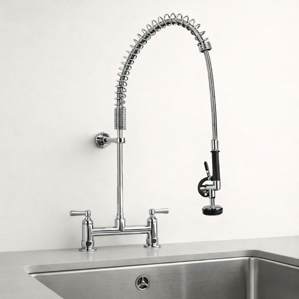 KAMAL Commercial Pre-Rinse Kitchen Faucet with High Pressure Sprayer | Brass Body Chrome Finish Stainless Steel Spring Flexible Hose | Dual Lever Control | Deck Mount Industrial Sink Tap-image-47