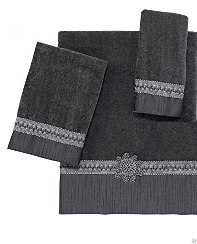 Avanti Linens Braided Medallion Graphite Grey 3 Piece Towel Set, One Bath Towel, One Hand Towel and One Fingertip Towel