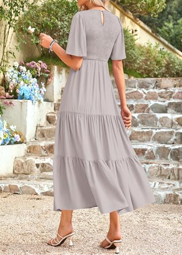 Image of KIRUNDO Summer Dresses for Women 2026 Spring Casual Flutter Short Sleeve Wedding Guest Smocked Flowy Tiered Aline Midi Dress