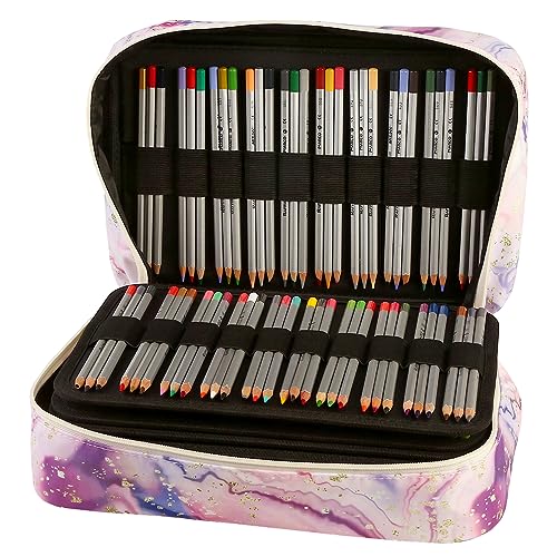Image of 300 Slots Color Pencil Case - Pencil Holder with Handy Wrap & Zipper, Multilayer Holder for for Watercolor Pens or Markers (Marble Pink)