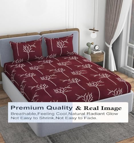 Image of 200 TC Cotton Feel All Around Elastic Fitted Bedsheet, Elastic Fitted Bedsheet King Size Bedsheet for Double Bed with 2 Pillow Covers, Size - 72 x 78 x 8 Inch Color Wine