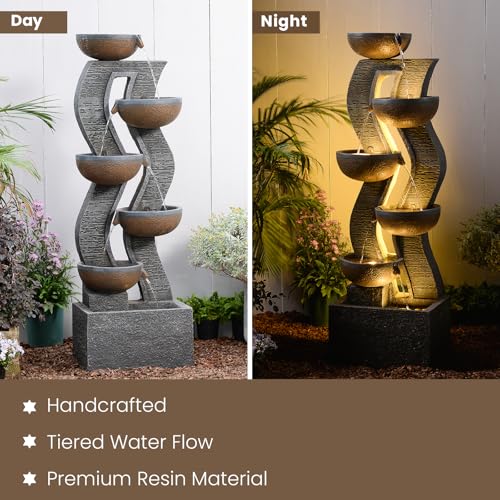 52.8" Tall Outdoor Water Fountain with Lights, 6-Tier Cascading Resin Waterfall Feature for Porch, Garden, Yard, Deck, Patio – Large Freestanding Outdoor Fountain and Waterfall Outside Decor