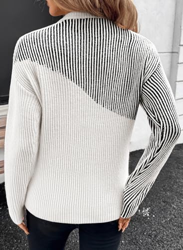 Sidefeel Womens Long Sleeve Crewneck Color Block Pullover Sweaters Casual Striped Loose Knit Tops Trendy Fall Outfits4