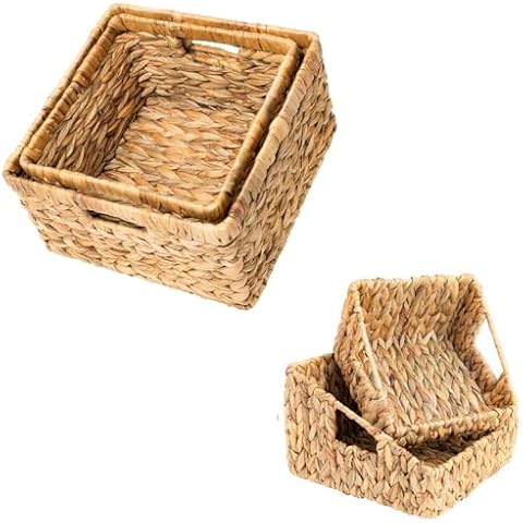 OEHID Water Hyacinth Storage Baskets, 2 Pack Wicker Baskets Wicker Storage Baskets for Organizing + 2 Pack Small Basket Pantry Baskets Woven Basket for Storage Cover