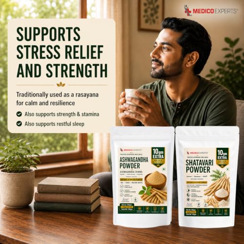 Image of Ashwagandha Shatavari Powder Combo (110g x 2 Pouches) - 110g Each | Big, Thick, Mature Root Churna | Pure & Natural Ayurvedic Herbs | FSSAI Licensed, Lab Tested