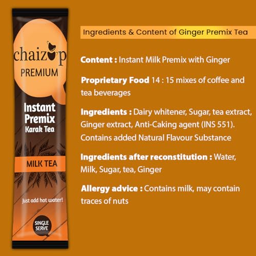 Image of Chaizup Premium 1 Min Instant Ginger Tea Premix - 10 Sachets | Ginger Flavours | 10 Servings | 140g