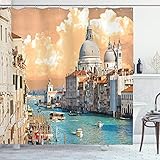 Ambesonne European Shower Curtain, Grand Canal in Venice Italy Historic European Cityscape Town Tower Boho Print, Cloth Fabric Bathroom Decor Set with Hooks, 69' W x 75' L, Brown Ecru Soft Blue