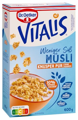 Dr. Oetker Vitalis Weniger süß Knusper Pur, Knuspermüsli mit 30% weniger Zucker, 5er Pack (5 x 600 g)