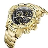 Multi-Function Sports Quartz Watch for Men Waterproof Military Wrist Digital Watches Stainless Steel Band (M8002 Gold)